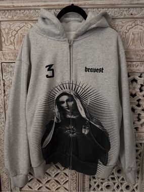 Bravest studios Bravest Gray Zip-Up Hoodie with Graphic Front Saint Mary motif